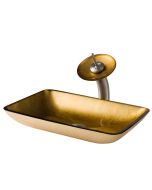 Gold Rectangular Glass Vessel 22" Bathroom Sink w/ Waterfall Faucet and Pop-Up Drain in Satin Nickel