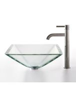 Clear Square Glass Vessel 16 1/2" Bathroom Sink w/ Vessel Faucet and Pop-Up Drain in Satin Nickel