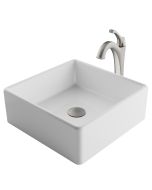 Square Vessel 15" Ceramic Bathroom Sink in White w/ Arlo Vessel Faucet and Pop-Up Drain in Stainless Brushed Nickel