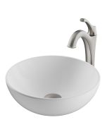 Round Vessel 14" Ceramic Bathroom Sink in White w/ Arlo Vessel Faucet and Pop-Up Drain in Stainless Brushed Nickel