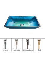 Blue Rectangular Glass Vessel 22" Bathroom Sink w/ Pop-Up Drain in Satin Nickel