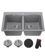 33” Drop In / Undermount 50/50 Double Bowl Granite Kitchen Sink in Grey