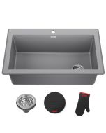 Grey 33" Forteza single bowl Drop In / Undermount kitchen sink with drain assembly, heat-resistant silicone mitt, silicone trivet