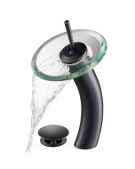 Waterfall Bathroom Faucet with Clear Glass Disk and Pop-Up Drain in Oil Rubbed Bronze