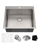 KRAUS 25 inch Standart PRO™ Drop-In Topmount 16 Gauge Single Bowl 2-Hole Stainless Steel Kitchen Sink with accessories
