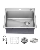 25" Drop-In/Top Mount Kitchen Sink w/ Bolden Commercial Pull-Down Faucet in Matte Black