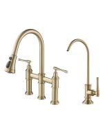 Transitional Bridge Kitchen Faucet and Water Filter Faucet Combo in Brushed Gold