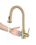 Bolden Touchless Sensor Single Handle Pull Down Kitchen Faucet in Spot-Free Brushed Brass.