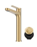 Indy Single Handle Vessel Bathroom Faucet in Spot-Free Brushed Brass with Pop-Up Drain and Supply Lines.
