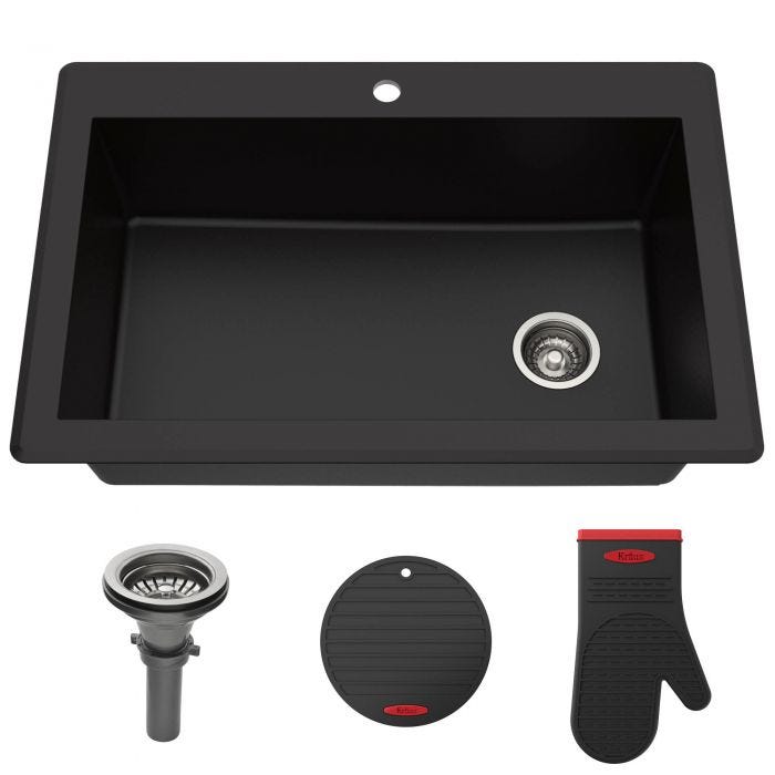 33-Inch Drop-In Granite 60/40 Double Bowl Kitchen Sink in Black