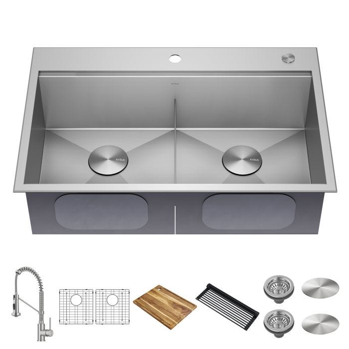 Double Bowl Drop-In Workstation Kitchen Sink With Accessories