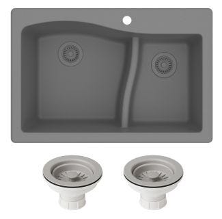 Quarza 33" Drop-In/Undermount Granite 60/40 Double Bowl Kitchen Sink and Strainers in Grey.