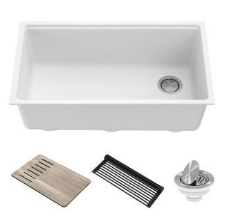 Bellucci Workstation 32" Undermount Granite Single Bowl Kitchen Sink in White with Accessories.