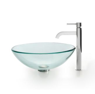 Clear Glass Vessel 16 1/2" Bathroom Sink w/ Vessel Faucet and Pop-Up Drain in Chrome