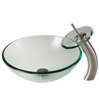 Clear Glass Vessel 16 1/2" Bathroom Sink w/ Waterfall Faucet and Pop-Up Drain in Satin Nickel