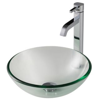 Clear Glass Vessel 14" Bathroom Sink w/ Vessel Faucet and Pop-Up Drain in Chrome