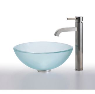 Frosted Glass Vessel 16 1/2" Bathroom Sink w/ Vessel Faucet and Pop-Up Drain in Satin Nickel