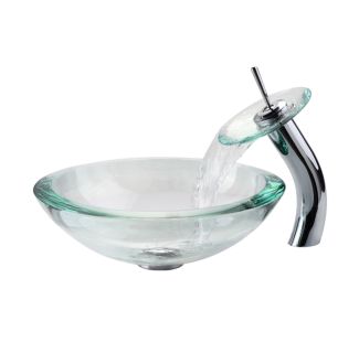 Clear Glass Vessel 17" Bathroom Sink w/ Waterfall Faucet and Pop-Up Drain in Chrome