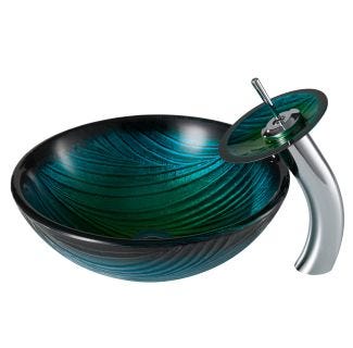 Green Glass Vessel 17" Bathroom Sink w/ Waterfall Faucet and Pop-Up Drain in Chrome