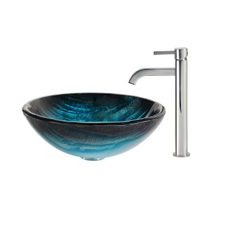 Blue Glass Vessel 17" Bathroom Sink w/ Vessel Faucet and Pop-Up Drain in Chrome
