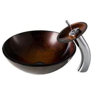 Copper Brown Glass Vessel 16 1/2" Bathroom Sink w/ Waterfall Faucet and Pop-Up Drain in Chrome