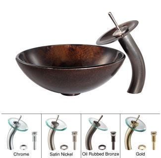 Dark Brown Glass Vessel 16 1/2" Bathroom Sink w/ Waterfall Faucet and Pop-Up Drain in Oil Rubbed Bronze