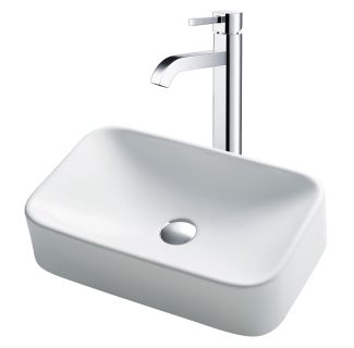 Rectangular Vessel 19" Ceramic Bathroom Sink in White w/ Vessel Faucet and Pop-Up Drain in Chrome