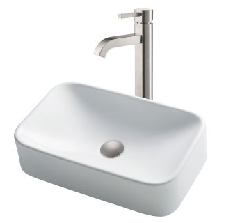 Rectangular Vessel 19" Ceramic Bathroom Sink in White w/ Vessel Faucet and Pop-Up Drain in Satin Nickel