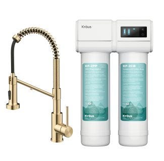 Bolden Pull-Down Single Handle Water Filter Faucet in Spot-Free Antique Champagne Bronze with Purita 2-Stage Under-Sink Filtration System.