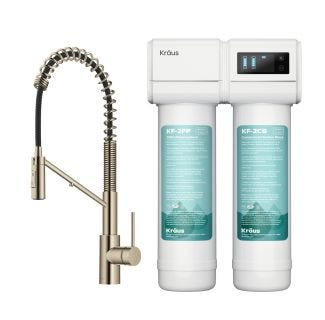 Commercial Style Pull-Down Single-Handle Water Filter Faucet in Spot-Free Antique Champagne Bronze with Purita 2 Stage Under-Sink Filtration System.