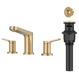 Indy 2-handle 8-inch Widespread Bathroom Faucet in Spot-Free Brushed Brass with Pop-Up Drain.
