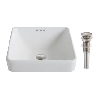 16 1/2" Square Semi-Recessed Ceramic Bathroom Sink in White with Pop-Up Drain in Brushed Nickel