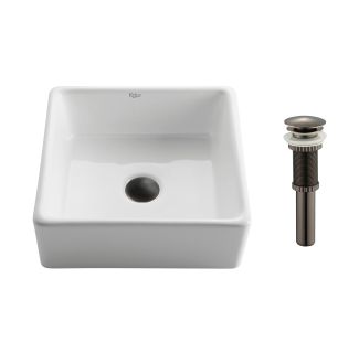 15" Square Vessel Ceramic Bathroom Sink in White with Pop-Up Drain in Oil Rubbed Bronze