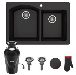 Forteza™ 33” Dual Mount 60/40 Double Bowl Granite Kitchen Sink in Black with WasteGuard™ Continuous Feed Garbage Disposal