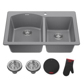 Grey Forteza undermount 60/40 double bowl kitchen sink with accessories: two strainers, silicone mitt, silicone trivet
