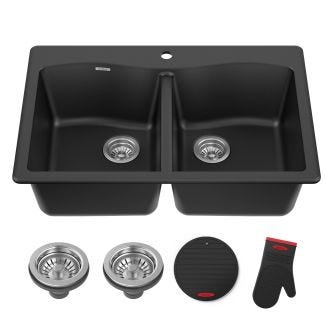 Black undermount 50/50 double bowl kitchen sink with accessories: two strainers, silicone mitt, silicone trivet