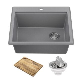 Bellucci Workstation 25" Drop-In Top Mount Granite Single Bowl Kitchen Sink in Metallic Grey with Accessories.