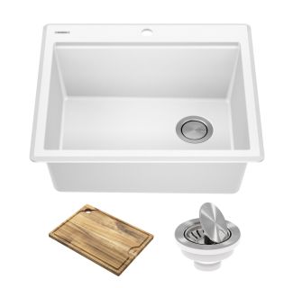 Bellucci Workstation 25" Drop-In Top Mount Granite Single Bowl Kitchen Sink in White with Accessories.