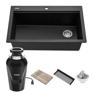 Bellucci Workstation 33 in. Drop-In Granite Composite Single Bowl Kitchen Sink in Metallic Black with Accessories with WasteGuard™ Continuous Feed Garbage Disposal