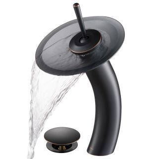 Waterfall Bathroom Faucet with Frosted Black Glass Disk and Pop-Up Drain in Oil Rubbed Bronze
