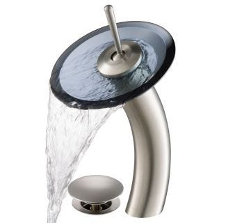 Waterfall Bathroom Faucet with Clear Black Glass Disk and Pop-Up Drain in Satin Nickel