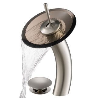 Waterfall Bathroom Faucet with Clear Brown Glass Disk and Pop-Up Drain in Satin Nickel