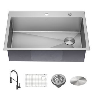 33" Drop-In/Top Mount Kitchen Sink w/ Bolden Commercial Pull-Down Faucet in Matte Black