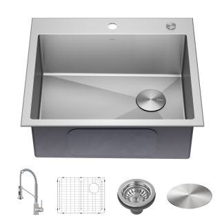 25" Drop-In/Top Mount Kitchen Sink w/ Bolden Commercial Pull-Down Faucet in Spot Free Stainless Steel/Chrome