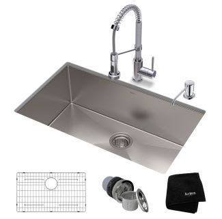 32" Undermount Kitchen Sink w/ Bolden Commercial Pull-Down Faucet and Soap Dispenser in Chrome