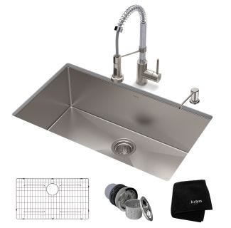 32" Undermount Kitchen Sink w/ Bolden Commercial Pull-Down Faucet and Soap Dispenser in Stainless Steel/Chrome