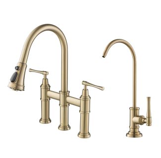 Transitional Bridge Kitchen Faucet and Water Filter Faucet Combo in Brushed Gold
