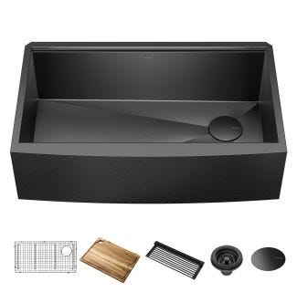 Workstation 33” Apron Front Farmhouse 16 Gauge Black Stainless Steel Single Bowl Kitchen Sink in PVD Gunmetal Finish with Accessories