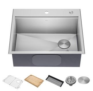 25" Drop In / Top Mount Workstation 16 Gauge Single Bowl Stainless Steel Kitchen Sink with Accessories