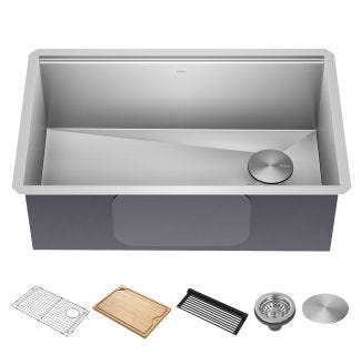 30" Undermount Workstation 16 Gauge Single Bowl Stainless Steel Kitchen Sink with Accessories